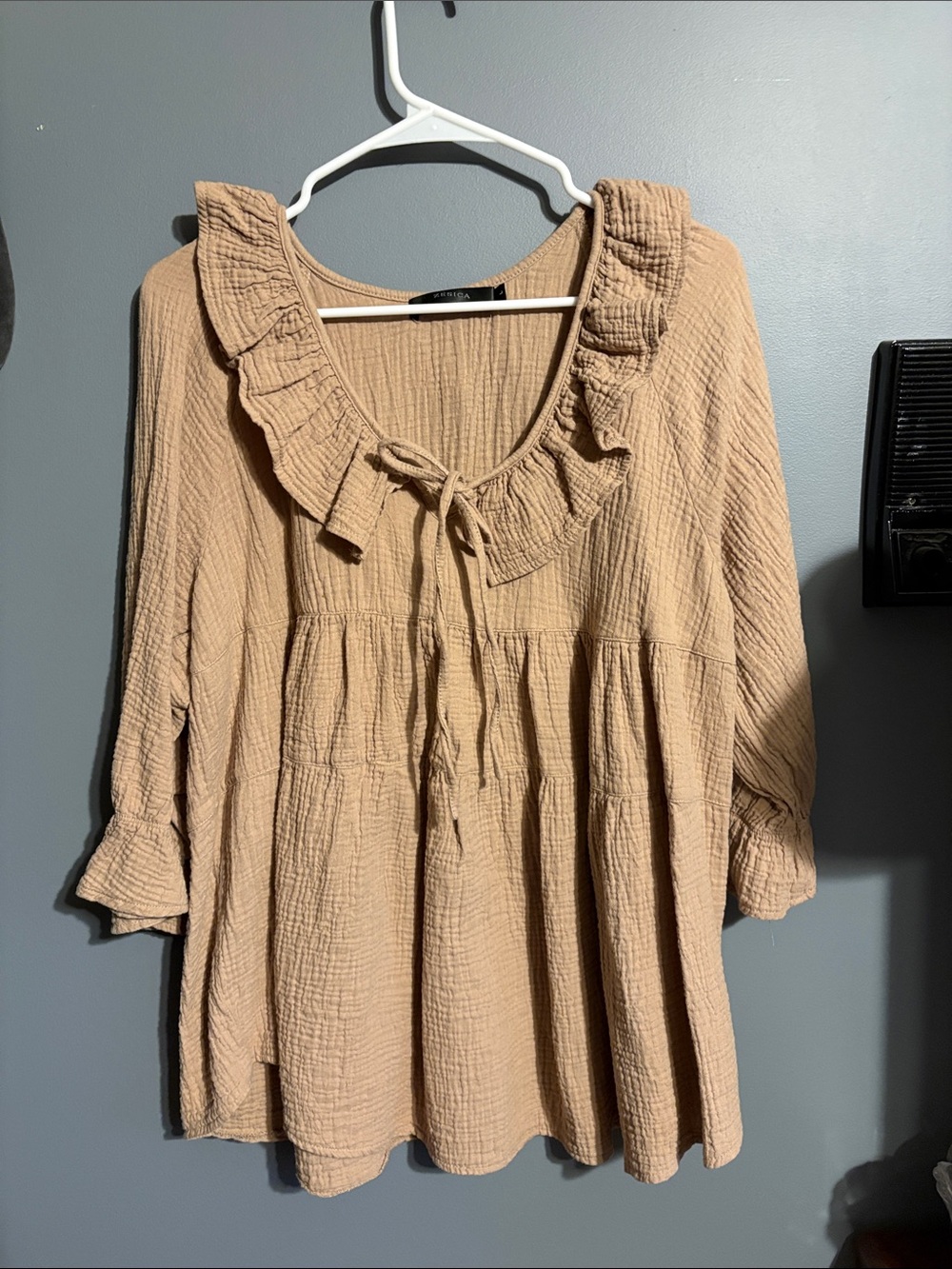 Ruffled Tie-Neck Gauze Blouse in Light Tan